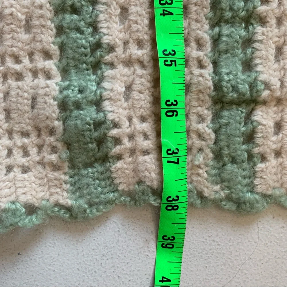 Vintage Handmade Crochet Knit Afghan Throw Blanket Green Cream Tan